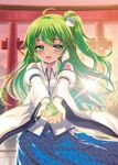  ahoge bare_shoulders blush charm_(object) commentary_request detached_sleeves frog frog_hair_ornament green_eyes green_hair hair_ornament hair_tubes hanao_(kuma-tan_flash!) holding kochiya_sanae long_hair looking_at_viewer open_mouth side_ponytail skirt smile solo touhou wide_sleeves 