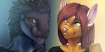  anthro clothed clothing duo feline female hair hitmore iguana lizard male mammal reptile scalie simple_background smile teeth 