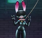  alec8ter anthro blindfold bodysuit buckteeth clothed clothing collar collar_tag disney female flat_chested front_view gimp_suit huebree judy_hopps lagomorph leash looking_at_viewer mammal mask open_mouth rabbit rubber skinsuit smile solo teeth text tight_clothing v_sign zipper zootopia 