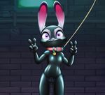  alec8ter anthro bodysuit clothed clothing collar collar_tag disney female flat_chested front_view gag gagged gimp_suit huebree judy_hopps lagomorph leash looking_at_viewer mammal mask rabbit rubber skinsuit solo text tight_clothing v_sign zipper zootopia 