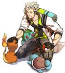  bulbasaur charmander edo_mond_(edoedoedomond) eyewear_on_head facial_hair fire gen_1_pokemon gloves holding holding_poke_ball kneeling labcoat looking_at_another lying male_focus on_stomach petting poke_ball pokemon pokemon_(creature) pokemon_go red_eyes simple_background sitting smile squirtle stubble tail white_background white_hair willow_(pokemon) 