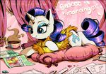  &lt;3 2015 beverage blue_eyes clothed clothing coffee cup cutie_mark english_text equine eyeshadow female feral friendship_is_magic fur hair horn inside lying magazine makeup mammal my_little_pony on_front paper pillow purple_hair rarity_(mlp) reading shira-hedgie smile solo text unicorn white_fur 