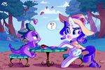  &lt;3 2015 blue_eyes chair cloud cup cutie_mark dragon drinking duo equine eye_contact female feral friendship_is_magic fur grass green_eyes hair hat horn jewelry magic male mammal my_little_pony necklace outside purple_hair rarity_(mlp) rock scalie shira-hedgie sky smile spike_(mlp) table tree unicorn white_fur 