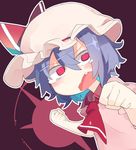  aki_maki_yuu ascot blush constricted_pupils fang hat hat_ribbon highres lavender_hair mob_cap open_mouth puffy_sleeves red_eyes remilia_scarlet ribbon short_hair short_sleeves solo tears touhou upper_body 