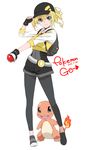  :d aqua_eyes backpack bag black_gloves blonde_hair blue_eyes bodysuit charmander choker covered_navel fangs female_protagonist_(pokemon_go) fingerless_gloves full_body gen_1_pokemon gloves hat highres holding holding_poke_ball looking_at_viewer open_mouth poke_ball poke_ball_(generic) pokemon pokemon_(creature) pokemon_go ponytail saitoyu00 short_shorts shorts smile 