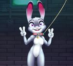  alec8ter anthro buckteeth collar collar_tag disney female flat_chested front_view huebree judy_hopps lagomorph leash looking_at_viewer mammal nude open_mouth pussy rabbit smile solo teeth text v_sign zootopia 