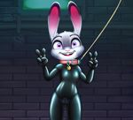  alec8ter anthro bodysuit buckteeth clothed clothing collar collar_tag disney female flat_chested front_view gimp_suit huebree judy_hopps lagomorph leash looking_at_viewer mammal open_mouth rabbit rubber skinsuit smile solo teeth text tight_clothing v_sign zipper zootopia 
