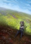  anthro barefoot clothed clothing cloud disney ears_back female flower frown grass horizon judy_hopps lagomorph latex_(artist) looking_up mammal outside plant purple_eyes rabbit sitting sky solo zootopia 