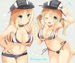  adapted_costume alternate_costume arm_up bare_arms bare_shoulders bikini bismarck_(kantai_collection) blonde_hair blue_eyes breasts cleavage commentary_request green_eyes hat hitsuji_takako holding_hands kantai_collection large_breasts long_hair looking_at_viewer multiple_girls one_eye_closed open_mouth peaked_cap prinz_eugen_(kantai_collection) side-tie_bikini sideboob swimsuit twintails twitter_username underboob 