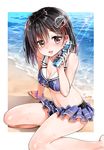  alternate_costume bare_legs bare_shoulders bikini black_hair breasts brown_eyes cleavage frilled_bikini frills haguro_(kantai_collection) hair_ornament highres kantai_collection looking_at_viewer medium_breasts minimaru navel open_mouth ramune sand short_hair solo sweatdrop swimsuit tears water 