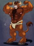  2015 abs anthro armpits biceps big_muscles body_hair bovine brown_fur brown_hair cattle chest_hair clothed clothing digital_media_(artwork) donryu flexing front_view full-length_portrait fur hair half-closed_eyes hi_res hooves horn jockstrap male mammal muscular muscular_male nipples open_mouth pecs pink_nipples portrait pose sacred signature simple_background smile solo standing tail_tuft textured_background topless tuft underwear 