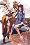  aurora_rokudo bangs blonde_hair bodysuit breasts brown_eyes brown_hair d.va_(overwatch) facepaint facial_mark gloves headphones high_ponytail highres lips lipstick lipstick_tube long_hair looking_at_another makeup mechanical_halo mechanical_wings medium_breasts mercy_(overwatch) multiple_girls one_eye_closed overwatch pantyhose pilot_suit ponytail sitting skin_tight smile swept_bangs whisker_markings white_gloves wings 