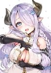  black_gloves blue_eyes blush braid breasts cleavage draph elbow_gloves gloves granblue_fantasy hair_ornament hair_over_one_eye horns large_breasts lavender_hair long_hair looking_at_viewer narmaya_(granblue_fantasy) nekometaru open_mouth paizuri_invitation pointy_ears simple_background single_braid smile solo white_background 