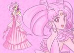  bishoujo_senshi_sailor_moon bow chibi_usa crescent double_bun dress earrings facial_mark flower forehead_mark full_body hair_ornament hairpin jewelry lisginka looking_at_viewer looking_back pink pink_background pink_bow pink_dress pink_flower pink_hair pink_rose projected_inset red_eyes rose short_hair signature small_lady_serenity smile solo twintails zoom_layer 