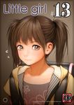  backpack bag black_shirt blush brown_background brown_eyes brown_hair closed_mouth cover cover_page doujin_cover flat_chest floral_print flying_sweatdrops hair_tie hashtag highres jacket looking_at_viewer open_clothes open_jacket pink_lips rustle shirt simple_background solo twintails unzipped upper_body yellow_jacket 