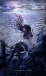  akemi_homura artist_name bai_qi-qsr birdcage black_footwear black_hair black_legwear blue_skirt cage closed_eyes cross english high_heels long_hair mahou_shoujo_madoka_magica pantyhose school_of_fish shoes sitting skirt solo underwater 