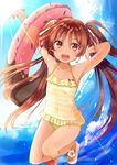  brown_eyes brown_hair casual_one-piece_swimsuit doughnut_innertube food_themed_ornament frilled_swimsuit frills highres innertube kantai_collection libeccio_(kantai_collection) long_hair one-piece_swimsuit open_mouth sandals solo sprinkles striped striped_swimsuit swimsuit twintails yellow_swimsuit yunamaro 