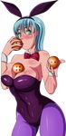  1girl admontanheiro blue_hair bow breasts bulma bunny_ears bunny_suit dragon_ball eyebrows green_eyes holding kiss large_breasts legs long_hair simple_background solo standing thighs white_background 