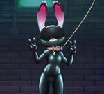  alec8ter anthro blindfold bodysuit clothed clothing collar collar_tag disney female flat_chested front_view gag gagged gimp_suit huebree judy_hopps lagomorph leash looking_at_viewer mammal mask rabbit rubber skinsuit solo text tight_clothing v_sign zipper zootopia 