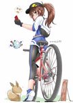  ? bag baseball_cap bicycle bike_shorts black_gloves blue_footwear blush brown_hair cellphone doduo eevee female_protagonist_(pokemon_go) fingerless_gloves gen_1_pokemon gloves green_eyes ground_vehicle hat leggings magnemite phone poke_ball pokemon pokemon_(creature) pokemon_go ponytail shirosuzu shoe_soles shoes shoulder_bag simple_background smartphone solo twitter_username 