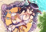  bandaged_arm bandages bare_shoulders bikini black_hair breasts danua demon_horns doll draph finger_to_mouth from_above granblue_fantasy hair_between_eyes horn_ornament horns innertube large_breasts long_hair looking_at_viewer midriff mku palm_leaf pointy_ears poolside red_eyes sitting solo stone_floor stuffed_toy swimsuit water white_bikini 
