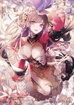  bian_shi breasts breasts_apart brown_hair chinese_clothes company_name flower hair_flower hair_ornament large_breasts leaf long_hair open_mouth sangokushi_taisen solo thighhighs very_long_hair watermark yukisame 