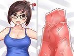  bangs breasts brown_eyes brown_hair cleavage commentary_request gameplay_mechanics glasses hair_bun hair_ornament hair_stick ice large_breasts mei_(overwatch) neit_ni_sei on_bed open_mouth outstretched_arms overwatch rock sidelocks spread_arms sweatdrop tank_top upper_body 