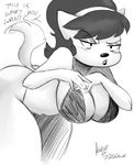  2016 anthro big_breasts bikini black_and_white blush breasts cat cleavage clothed clothing dialogue english_text feline female hair kitty_katswell mammal monochrome nickelodeon noodle-lu swimsuit t.u.f.f._puppy text 