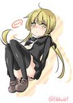  1girl arms_behind_back bangs black_legwear black_serafuku blonde_hair blush breasts brown_footwear crescent ebifurya eyebrows eyebrows_visible_through_hair full_body hands_on_own_ass highres kantai_collection knees_up long_hair long_sleeves looking_at_viewer necktie nose_blush satsuki_(kantai_collection) school_uniform serafuku shoes simple_background skirt skirt_tug small_breasts solo speech_bubble spoken_ellipsis thighhighs twintails twitter_username white_background white_neckwear yellow_eyes 