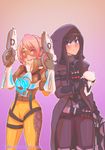  akemi_homura artist_name black_hair blush bodysuit caffeccino cloak cosplay dual_wielding glowing goggles highres holding kaname_madoka mahou_shoujo_madoka_magica mask mask_removed multiple_girls open_mouth orange_bodysuit overwatch pink_eyes pink_hair purple_eyes reaper_(overwatch) reaper_(overwatch)_(cosplay) tracer_(overwatch) tracer_(overwatch)_(cosplay) watermark web_address 