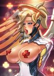  1girl adapted_costume blonde_hair blue_eyes breasts erect_nipples gradient_background mechanical_halo mechanical_wings mercy_(overwatch) open_mouth overwatch reiq solo tape_on_nipples tongue_out 