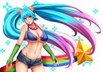  &gt;:) alternate_costume arcade_sona bangs bare_shoulders bead_necklace beads blue_bikini_top blue_eyes blue_hair breasts cleavage collarbone commentary_request cowboy_shot eyebrows_visible_through_hair fingerless_gloves floating_hair gloves gradient_hair green_gloves groin hair_ornament jewelry large_breasts league_of_legends long_hair looking_at_viewer multicolored_hair navel necklace parted_lips pink_hair rainbow short_shorts shorts smile solo sona_buvelle star star_hair_ornament stomach twintails v-shaped_eyebrows very_long_hair yashichii 