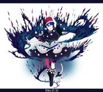  2016 arm_up black_legwear blue_eyes blue_hair book capelet dated doremy_sweet dress full_body gradient gradient_background hat kneehighs letterboxed looking_to_the_side nightcap open_book pom_pom_(clothes) shishi_osamu short_hair smile solo tail touhou upskirt 