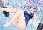  absurdres ameto_yuki blue_hair fang hair_ribbon highres i-19_(kantai_collection) kantai_collection long_hair one-piece_swimsuit open_mouth pink_ribbon purple_eyes ribbon school_swimsuit solo swimsuit torpedo 