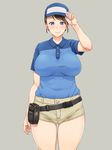  adjusting_clothes adjusting_hat arm_at_side arm_up baseball_cap beige_background belt belt_pouch blue_eyes blue_hat blue_shirt blush breasts brown_hair brown_shorts buttons closed_mouth collared_shirt hat large_breasts looking_at_viewer original pocket polo_shirt pouch shikuta_maru shirt short_hair short_sleeves shorts simple_background smile solo thighs wing_collar zipper 