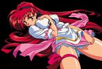  akira_(viper) black_background covered_nipples hairband kimura_takahiro long_hair long_legs official_art red_eyes red_hair ribbon simple_background skirt skirt_tug solo thigh_ribbon viper viper_v16 