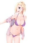  :d arm_at_side backlighting bikini bikini_under_clothes blonde_hair blue_eyes breasts cleavage collarbone cowboy_shot earrings hair_ornament hair_over_one_eye hairclip halterneck highres jewelry large_breasts leaning_forward legs_apart long_hair looking_back manatsuki_manata multi-strapped_bikini naruto naruto_(series) navel off_shoulder one_eye_covered open_clothes open_mouth open_shirt outstretched_arm ponytail puffy_short_sleeves puffy_sleeves purple_bikini shiny shirt short_sleeves simple_background smile solo stomach string_bikini stud_earrings swimsuit white_background yamanaka_ino 