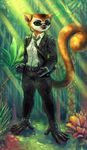  amazing belt black_clothes bodyguard clothed clothing clover_(madagascar) cloves crowned_lemur earpiece eyewear female fralea fur green_eyes gun handgun jungle leather lemur madagascar mammal necktie orange_fur pants peeking_fangs primate rainforest ranged_weapon smile smirk suit sunglasses weapon 