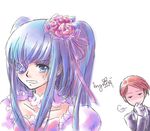  1girl bangs blue_hair bow ciel_phantomhive eyepatch flower furudo_erika kuroshitsuji long_hair looking_at_viewer ono_daisuke orange541 parody red_hair ribbon seiyuu_connection signature sweatdrop twintails umineko_no_naku_koro_ni ushiromiya_battler 