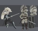  2018 anthro armor belt breastplate clothed clothing female greaves grey_eyes hand_on_hip helmet holding_object holding_weapon lagomorph landylyn_(yitexity) mammal mask melee_weapon multiple_poses pose rabbit scabbard shield simple_background solo sword weapon yitexity 