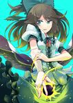  black_hair black_wings bow cape gloves green_eyes long_hair open_mouth reiuji_utsuho skirt solo tai0201 touhou wings 