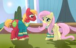  2016 big_macintosh_(mlp) blonde_hair blue_eyes blush bow_tie clothed clothing cutie_mark duo earth_pony equine feathered_wings feathers female feral fluttershy_(mlp) freckles friendship_is_magic fur grass green_eyes hair hi_res horse landscape male mammal my_little_pony outside pegasus pink_hair pony red_fur shadow shutterflyeqd sky sun sweater wings yellow_feathers yellow_fur 