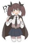  1girl anchovy anchovy_(cosplay) anzio_school_uniform bad_id bad_twitter_id bangs belt black_cape blush brown_eyes brown_hair cape commentary_request cosplay fang girls_und_panzer hair_ribbon hands_up highres kantai_collection long_hair looking_at_viewer miniskirt necktie open_mouth pantyhose pleated_skirt rectangular_mouth ribbon ryuujou_(kantai_collection) shirt skirt soborodooon solo spoken_interrobang surprised twintails uniform wavy_mouth white_legwear 