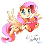  &lt;3 2016 blue_eyes english_text equine feathered_wings feathers female feral fluttershy_(mlp) friendship_is_magic fur hair looking_at_viewer mammal my_little_pony pegasus pink_hair shira-hedgie simple_background smile solo spread_wings text white_background wings yellow_feathers yellow_fur 
