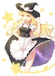  :d apron blonde_hair bow braid cowboy_shot frills hair_blowing hat hat_bow highres ji_dao_ji kirisame_marisa long_hair looking_at_viewer open_mouth side_braid single_braid smile solo space_print star star-shaped_pupils starry_sky_print symbol-shaped_pupils touhou waist_apron white_bow wind wind_lift witch_hat yellow_eyes 
