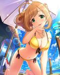  ahoge alternate_hairstyle artist_request beach_umbrella bikini blonde_hair breasts cleavage front-tie_top green_eyes hair_ornament idolmaster idolmaster_cinderella_girls jewelry jpeg_artifacts lens_flare light_brown_hair medium_breasts midriff navel necklace official_art palm_tree pendant pier satou_shin side-tie_bikini smile solo sparkle swimsuit tree umbrella water 