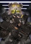  1girl absurdres bullpup double_bun eyebrows_visible_through_hair eyewear_on_head fingerless_gloves gas_mask girls_frontline gloves grey_hair gun highres jacket light p90 p90_(girls_frontline) red_eyes sohn_woohyoung solo submachine_gun sunglasses tape trigger_discipline weapon 