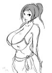  2016 arms_behind_back bikini breasts cleavage covered_nipples dated greyscale gundam gundam_build_fighters highres huge_breasts iori_rinko long_hair looking_at_viewer monochrome ponytail simple_background sketch solo swimsuit white_background yuumin 