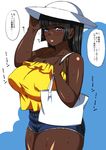  bare_shoulders black_hair blue_eyes breasts cleavage dark_skin denim denim_shorts glasses hand_on_headwear hat huge_breasts komusou_(jinrikisha) long_hair looking_at_viewer original plump short_shorts shorts solo sun_hat thick_thighs thighs translation_request very_dark_skin 