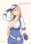  1girl arm_at_side bangs baseball_cap belt blonde_hair blue_eyes blue_gloves blush breasts casual copyright_name cosplay covered_navel cowboy_shot cropped_jacket female_protagonist_(pokemon_go) female_protagonist_(pokemon_go)_(cosplay) fingerless_gloves gloves hair_between_eyes hand_up hat highres holding holding_phone holding_poke_ball iowa_(kantai_collection) kantai_collection large_breasts long_hair looking_at_viewer mino_kureha one_eye_closed phone poke_ball pokemon pokemon_go short_jumpsuit skin_tight sleeves_past_elbows smile solo star star-shaped_pupils symbol-shaped_pupils twitter_username 